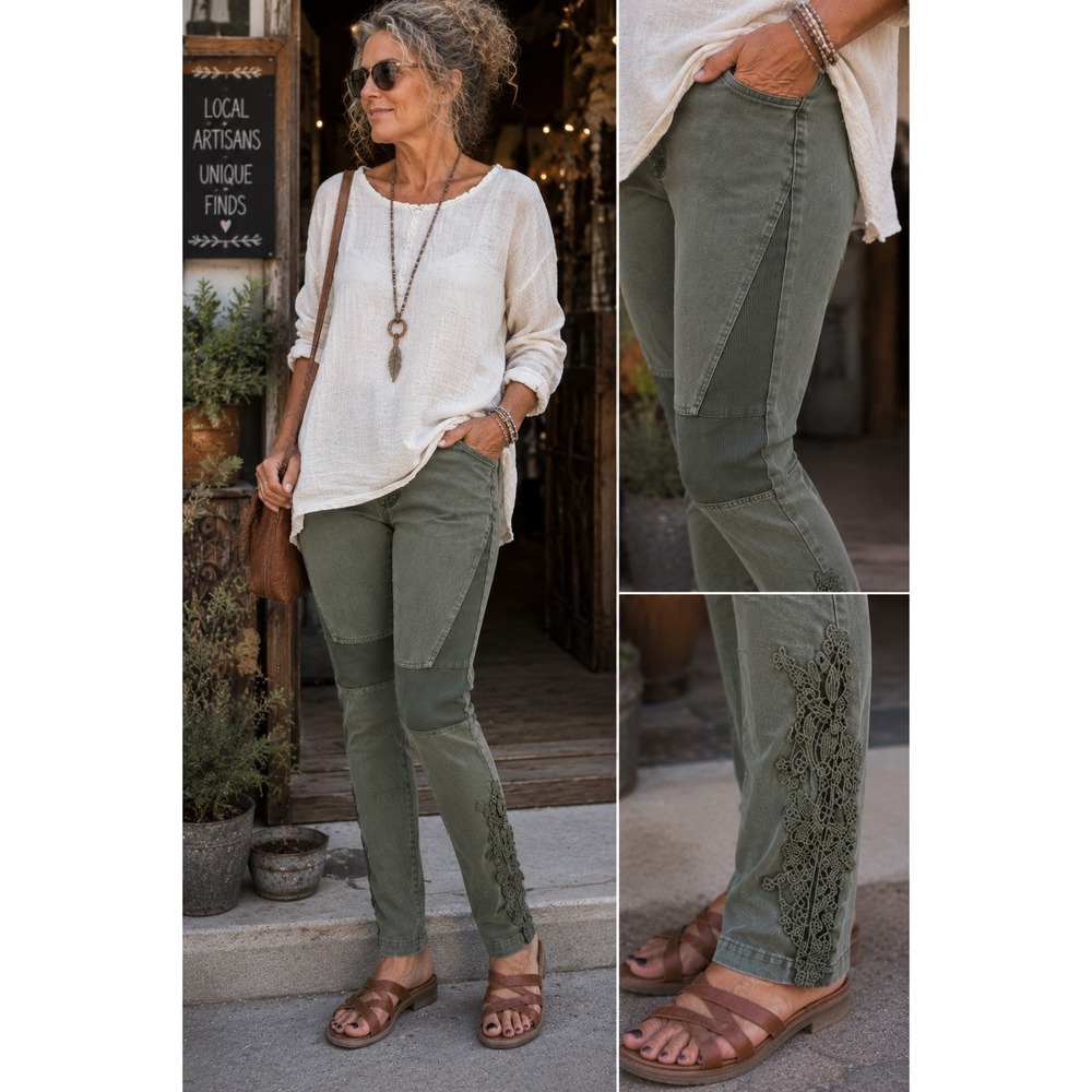 Easel Los Angeles Olive Green Lace Moto Leggings Mineral Wash Large
